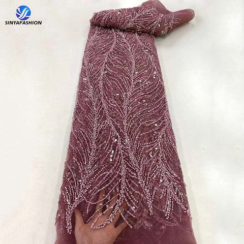 Image of Orange Sequins Pearls Beads French Tulle Mesh Net Embroidery Beaded Lace Fabric Bridal-FrenzyAfricanFashion.com