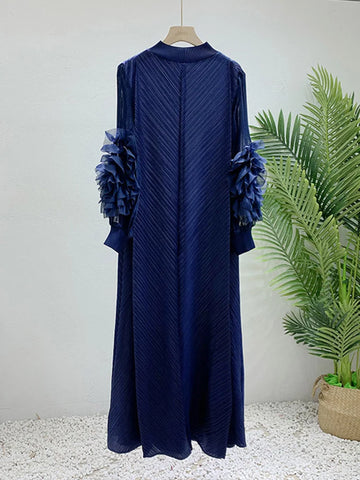 Image of Maxi Pleated Dress Round Neck Spliced Full Sleeve Dresses For Women-FrenzyAfricanFashion.com