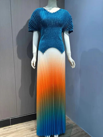 Image of Women Party Pleated 2 Pieces Set Gradient Women Fashion V Neck Short Batwing Sleeves Irregular Hem Long Skirt-FrenzyAfricanFashion.com