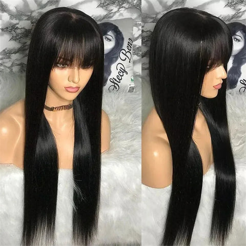 Image of Silky Wig Human Hair Full Machine Made Straight 100% Human Hair Wigs With Bangs For Women Brazilian Cheap Wig On Sale Clearance-FrenzyAfricanFashion.com