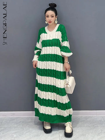 Image of Striped Knit Dress For Women O-neck Full Sleeve Loose-FrenzyAfricanFashion.com