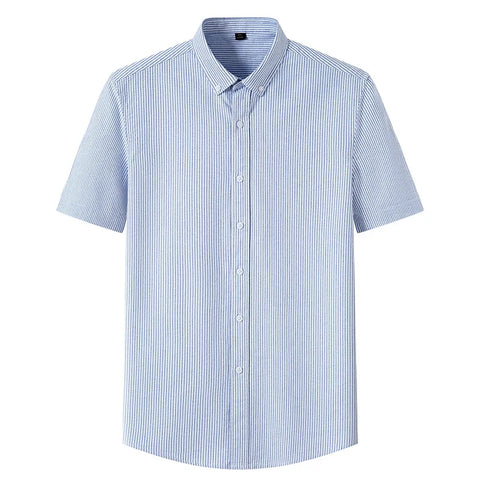 Image of Summer Shirt Men Cotton Solid Color Stripe Plaid Shirt Men Short Sleeve Casual Fitting Oxford Short Sleeve Shirts for Men Causal-FrenzyAfricanFashion.com