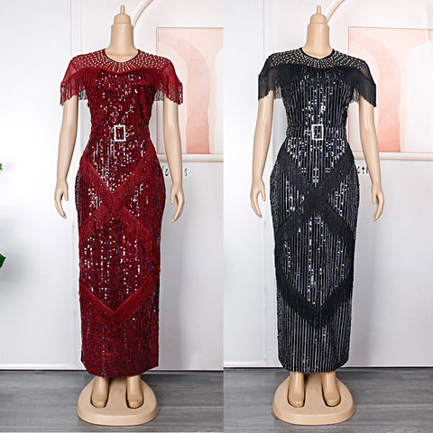 Image of Luxury Sequin Evening Dress Tassel Bodycon Gown Wedding Party Birthday Dress 2023 Summer Clothing-FrenzyAfricanFashion.com