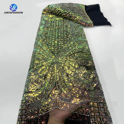 Image of High Quality African Nigerian French Tulle Fully Sequins Luxury Heavy Handmade Beaded Lace Fabric For DIY Wedding Dress-FrenzyAfricanFashion.com