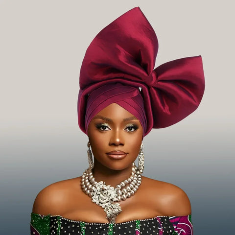 Image of African Party Evening Wedding Headtie for Women Fashion Summer Autumn Solid Color Headtie Women Caps-FrenzyAfricanFashion.com