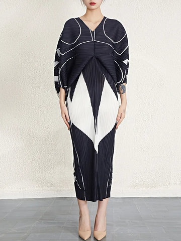 Image of Color Block Printing Pleated Dress Batwing Sleeves Dresses-FrenzyAfricanFashion.com