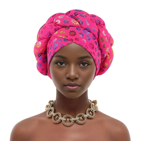 Image of Flower Bronzing African Braid Turban Caps Shining Women's Head Wraps Nigeria Wedding Geles Party Headgear Auto Gele Headtie-FrenzyAfricanFashion.com