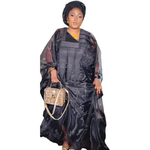 Image of African Attire For Women Black Abaya Embroidery Plus Size Elegant Party Church Dress With Scarf-FrenzyAfricanFashion.com
