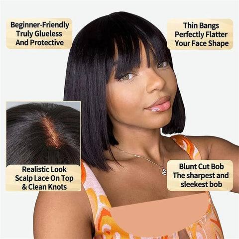 Image of Straight Human Hair Wigs With Bangs Short Bob For Women-FrenzyAfricanFashion.com