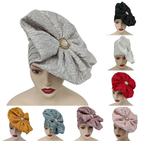 Image of Big Flowers Pleated Top Hats Headtie-FrenzyAfricanFashion.com
