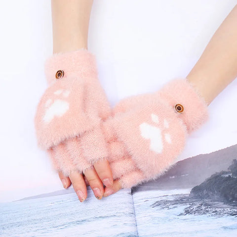 Image of Fashion Women Plush Warm Glove Fur Rabbit Cat Mittens Flip Fingerless Gloves Soft Girls Thick Gloves Flexible Half Finger Winter-FrenzyAfricanFashion.com