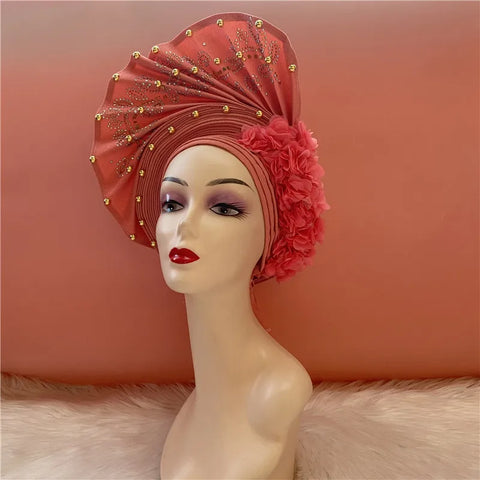 Image of African Nigerian gel headgear with stone bead already made auto turban afro aso ebi gel aso oke wide br im headgear 9L032801-FrenzyAfricanFashion.com