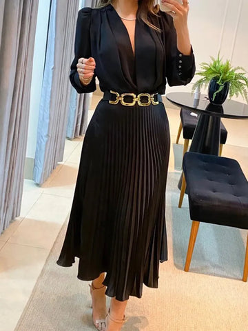 Image of Drauuing Black Ankle Length Dresses Women V Neck Long Sleeve Loose Elegant Office Lady Fold Dresses Women Autumn New-FrenzyAfricanFashion.com