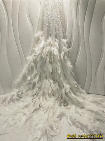 Image of Feather Fluffy Lace Fabric Luxury Pearl Fabric French For Wedding Bride Party-FrenzyAfricanFashion.com