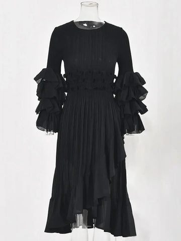 Image of Fashion Pleated Dress O-Neck Long Sleeved Solid Color-FrenzyAfricanFashion.com