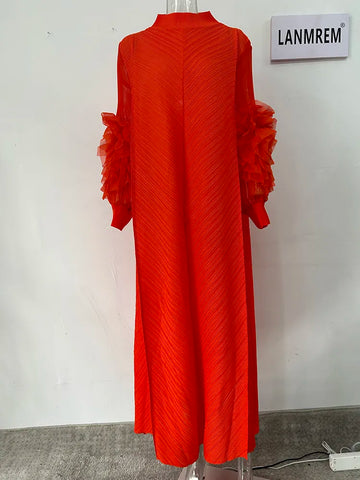 Image of Maxi Pleated Dress Round Neck Spliced Full Sleeve Dresses For Women-FrenzyAfricanFashion.com