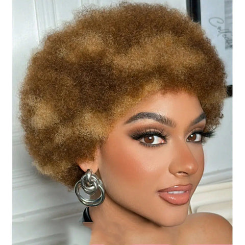 Image of Afro Kinky Curly Highlight Wig Human Hair Ombre Brown-FrenzyAfricanFashion.com