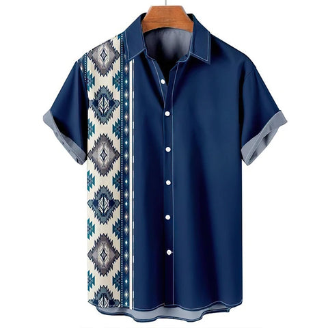 Image of Men Vintage Ethnic Hawaiian 3D Print Short Sleeve Lapel Button Streetwear-FrenzyAfricanFashion.com