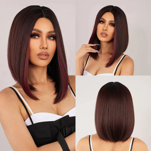 Image of Brown Ombre Synthetic Women Medium Length Wig with Bangs Heat Resistant-FrenzyAfricanFashion.com