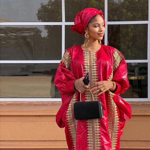 Image of Red Boubou Wedding Dashiki With Gold Embroidery Gown-FrenzyAfricanFashion.com