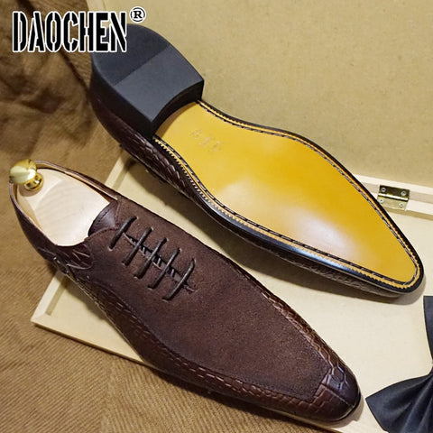 Image of Luxury Men Oxford Shoes Lace up Split Toe Coffee Black Formal Men Dress Shoes Suede Patchwork Crocodile prints Leather Shoes Men-FrenzyAfricanFashion.com