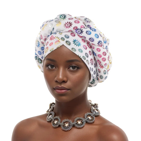 Image of Flower Bronzing African Braid Turban Caps Shining Women's Head Wraps Nigeria Wedding Geles Party Headgear Auto Gele Headtie-FrenzyAfricanFashion.com