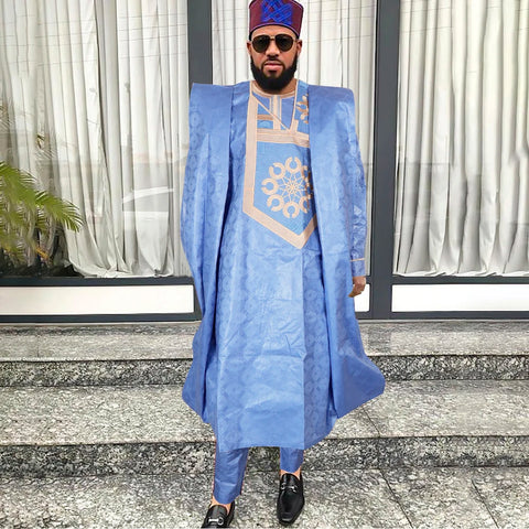 Image of Traditional Wear Formal Attire Bazin Riche Dashiki Outfits Shirt Pants Robe Suit No Cap African Men Agbada-FrenzyAfricanFashion.com