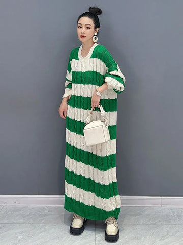 Image of Striped Knit Dress For Women O-neck Full Sleeve Loose-FrenzyAfricanFashion.com