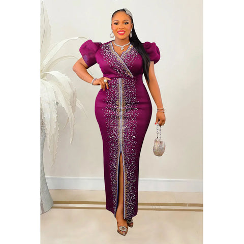 Image of 2023 Women Luxury Diamonds Hot Drill Wrap V-neck Puff Short Sleeve Bodycon Midi Maxi Dress Sexy Night Club Birthday Vestidos-FrenzyAfricanFashion.com