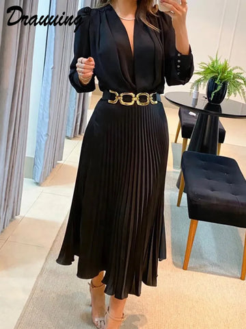 Image of Drauuing Black Ankle Length Dresses Women V Neck Long Sleeve Loose Elegant Office Lady Fold Dresses Women Autumn New-FrenzyAfricanFashion.com