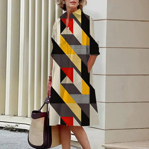 Image of Chic Patchwork Print Shirt Dress Casual Lapel Button Slim Dress-FrenzyAfricanFashion.com