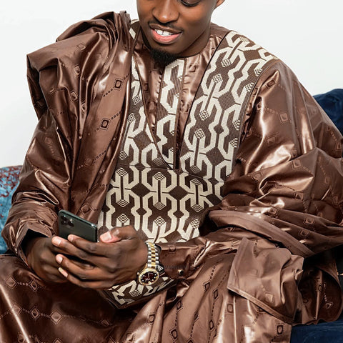 Image of African Clothing Men Traditional Bazin Riche Embroidery Design Top Long Sleeve 3 Piece Set-FrenzyAfricanFashion.com