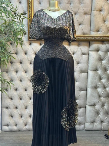 Image of Wedding Guest Luxury Pleated 2 Pieces Set Women Short Batwing Half Sleeved Irregular Hem Top + 3D Flowers A-line Skirt-FrenzyAfricanFashion.com