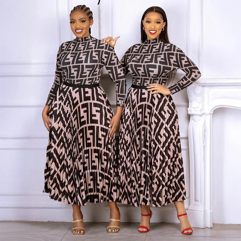 Image of women Pleated long skirt 2-Piece sets fashion 2025 Gradient skirts Elastic Waist Long sleeve top suit Party plus size clothing-FrenzyAfricanFashion.com