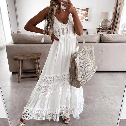 Image of Off Shoulder Lace Patchwork Elegant Dress Women Summer 2021 V Neck Spaghetti Strap Dress Female New Fashion Solid Party Dresses-FrenzyAfricanFashion.com