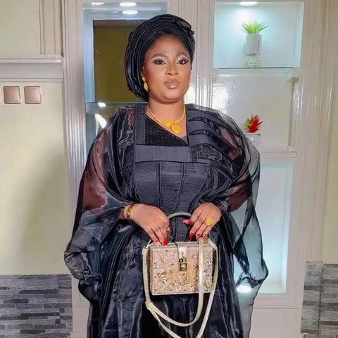 Image of African Attire For Women Black Abaya Embroidery Plus Size Elegant Party Church Dress With Scarf-FrenzyAfricanFashion.com