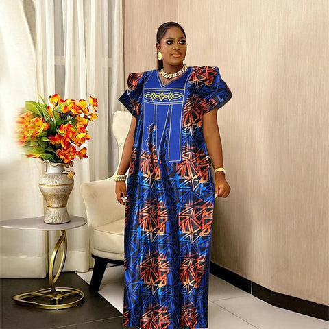 Image of African Dresses For Women Traditional Embroidery Bazin Dress-FrenzyAfricanFashion.com