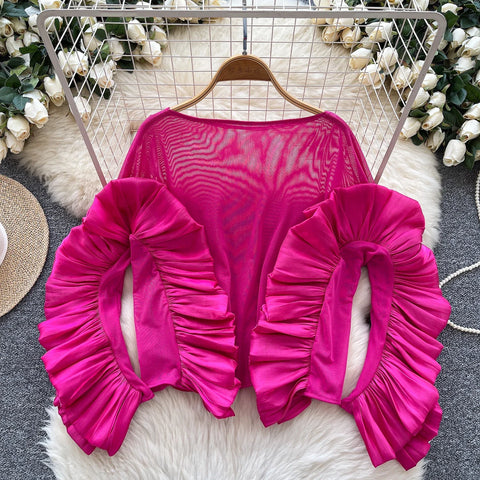 Image of Basics Ruffle Spliced O-neck Vintage Long Sleeves Slim Mesh Top Office Lady Spring Autumn Women T-Shirts-FrenzyAfricanFashion.com