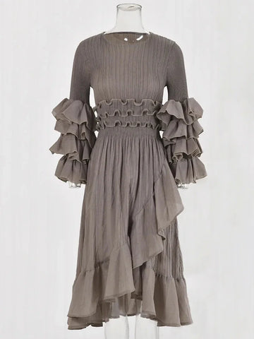 Image of Fashion Pleated Dress O-Neck Long Sleeved Solid Color-FrenzyAfricanFashion.com