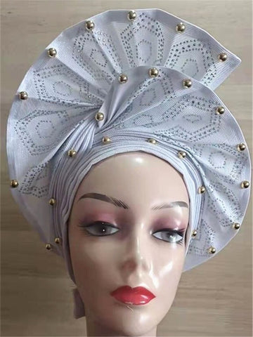Image of African headtie nigerian gele headties with beads and stones women head wrap sewing fabric for party 1set-FrenzyAfricanFashion.com
