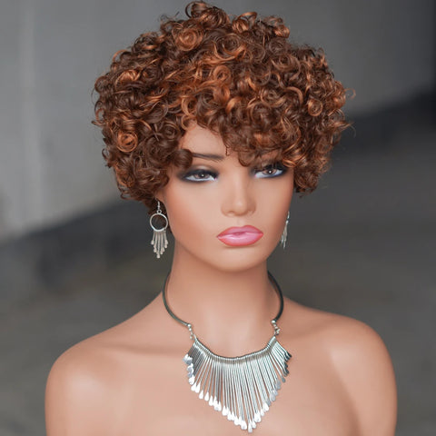 Image of 6inch Short Curly Wigs T1B/99J None Lace Front Human Hair Wigs with Bangs 180% Density Machine Made Pixie Cut Curly Wave Wig-FrenzyAfricanFashion.com
