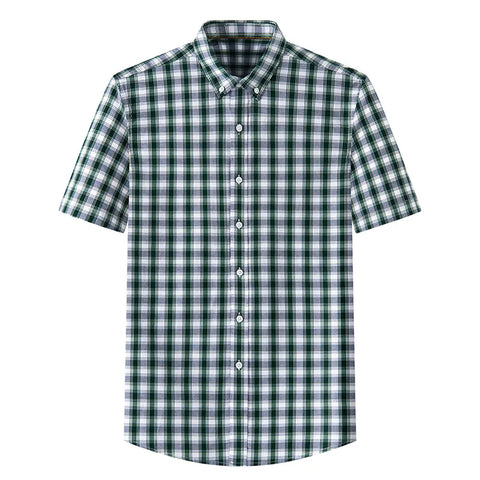 Image of Summer Shirt Men Cotton Solid Color Stripe Plaid Shirt Men Short Sleeve Casual Fitting Oxford Short Sleeve Shirts for Men Causal-FrenzyAfricanFashion.com