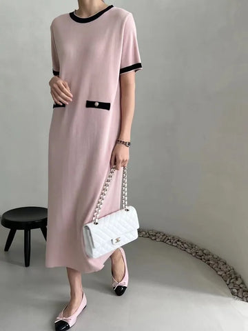 Image of French Style Knit Dress Women O-neck Contrast Color Short Sleeve Casual Midi Long Dresses-FrenzyAfricanFashion.com