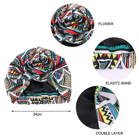 Image of Woman African Satin Lined Turban Cap Big Flower Hat Floral Printed Headwrap Bonnet Muslim Headscarf Ladies Beanies-FrenzyAfricanFashion.com