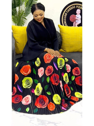 Image of Elegant Party 2 Piece Set Women Belt Batwing Sleeves Tops A-line Print Folds Long Skirt-FrenzyAfricanFashion.com