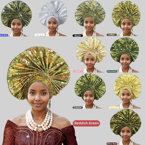 Image of Exaggerated Fan-shaped Auto Gele Alrady Made Headtie for Women African Lady Headwraps Wedding Party Head Ties Female Turban Cap-FrenzyAfricanFashion.com