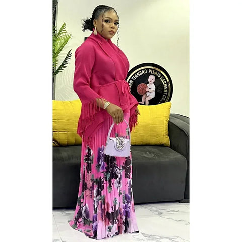 Image of Pleated Women's Suit New Fashion Long Sleeve Lace Up Top + Printed Big Swing Skirt Two Piece Women's Suit-FrenzyAfricanFashion.com