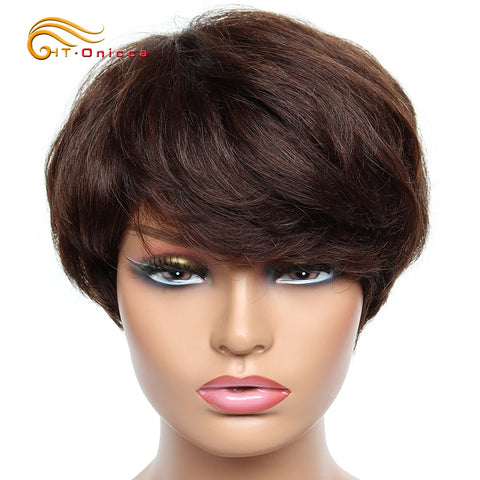 Image of Cheap Human Hair Wigs Short Bob Pixie Cut Wig Human Hair For Women perruque cheveux humain Brazilian Hair Colored Wig With Bangs-FrenzyAfricanFashion.com