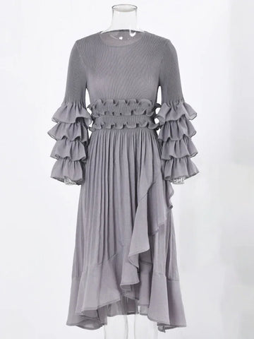 Image of Fashion Pleated Dress O-Neck Long Sleeved Solid Color-FrenzyAfricanFashion.com