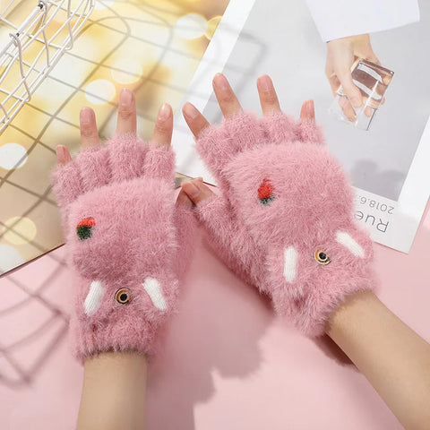 Image of Fashion Women Plush Warm Glove Fur Rabbit Cat Mittens Flip Fingerless Gloves Soft Girls Thick Gloves Flexible Half Finger Winter-FrenzyAfricanFashion.com